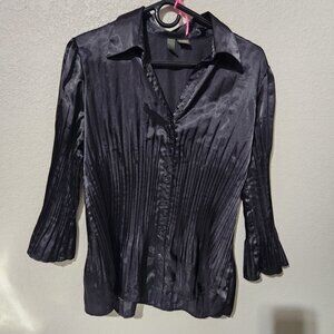 Sere Nade Blouse Womens Large Black Satin Button-Up Boho Bell Sleeve